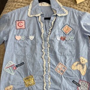 Cuse Berry Blue Button-Up Shirt with Patchwork Details SZ Medium